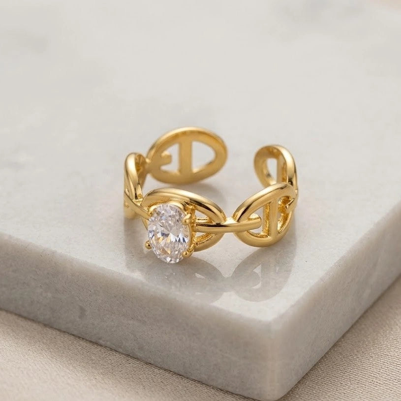 Adjustable Chain Link Ring with Oval Zircon - Anti-Tarnish Gold Plated