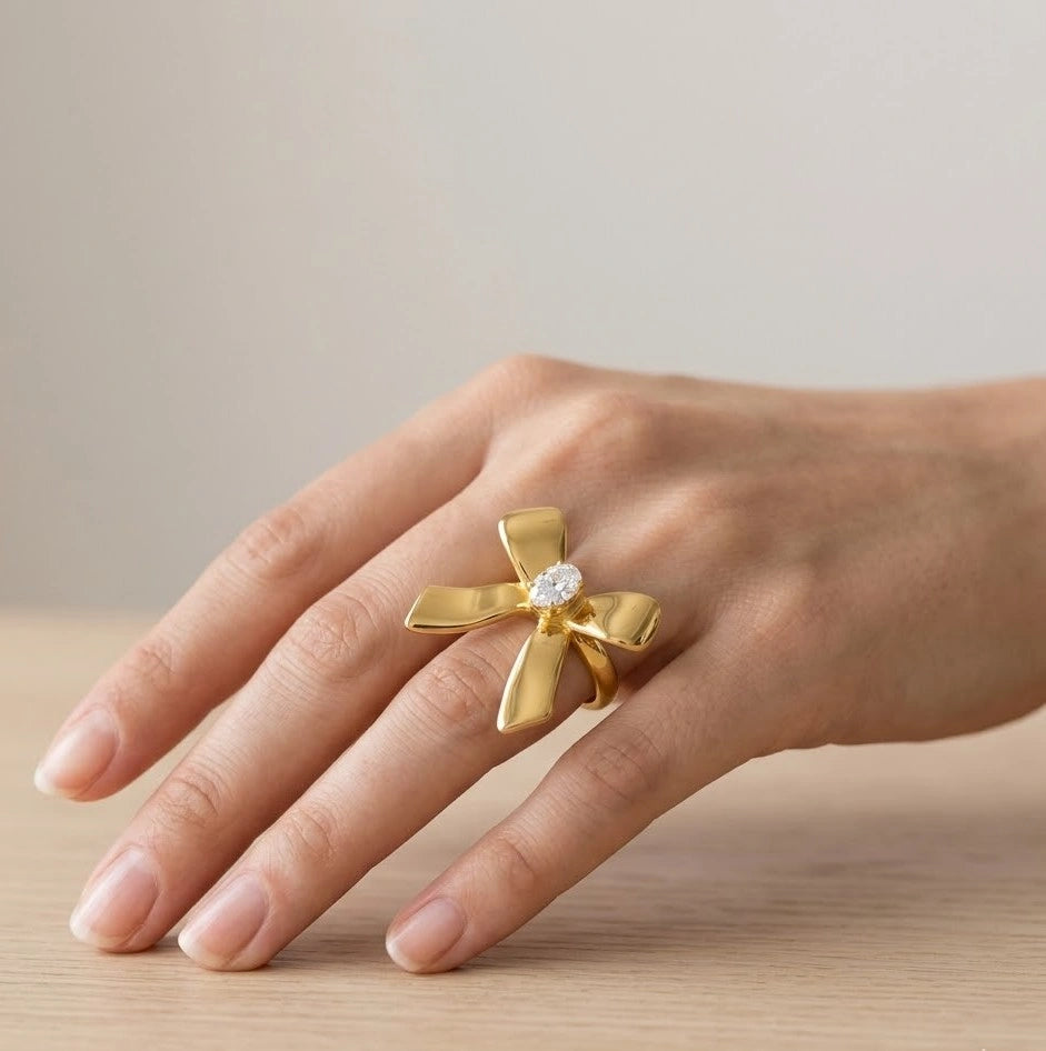 Oversized Ribbon Bow Statement Ring - Anti Tarnish Gold Plated