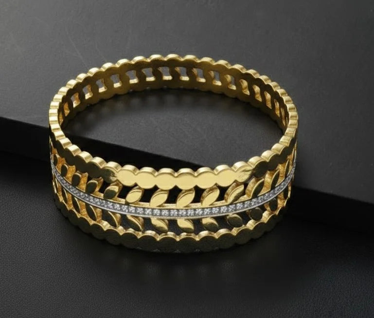 Leaf Cut-Out Wide Cuff Bracelet - Anti-Tarnish Gold Plated Statement Bangle