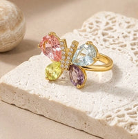 Pastel Butterfly Statement Ring | Multi-Color Rhinestone Fashion Jewelry