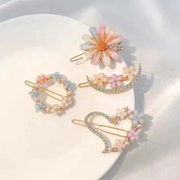 Korean Floral Rhinestone Hair Clips - Daisy, Heart, Moon & Wreath Designs (Gold Tone Aesthetic Pins)