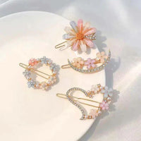 Korean Floral Rhinestone Hair Clips - Daisy, Heart, Moon & Wreath Designs (Gold Tone Aesthetic Pins)