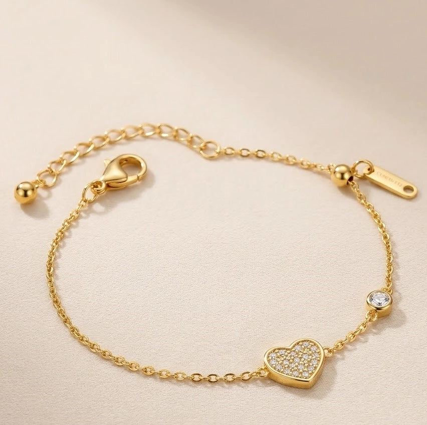 Pave Heart Charm Gold Plated Bracelet | Anti-Tarnish Minimalist Jewelry