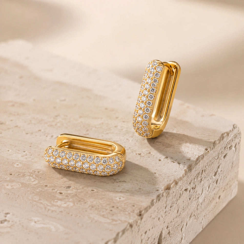 Pave Rectangular Hoop Earrings - Anti Tarnish Gold Plated