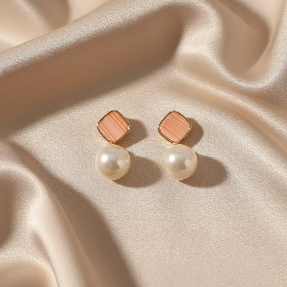 Korean Style Geometric Pearl Drop Earrings – Peach Resin & Gold-Tone Fashion Jewellery for Women
