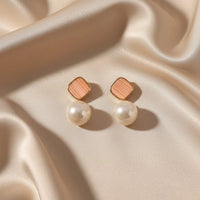 Korean Style Geometric Pearl Drop Earrings – Peach Resin & Gold-Tone Fashion Jewellery for Women