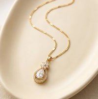 Teardrop Crystal Halo Pendant Necklace | Anti-Tarnish Fashion Jewelry