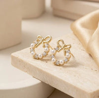 Pearl Bow Wreath Crystal Stud Earrings - Dainty Coquette Fashion Jewelry