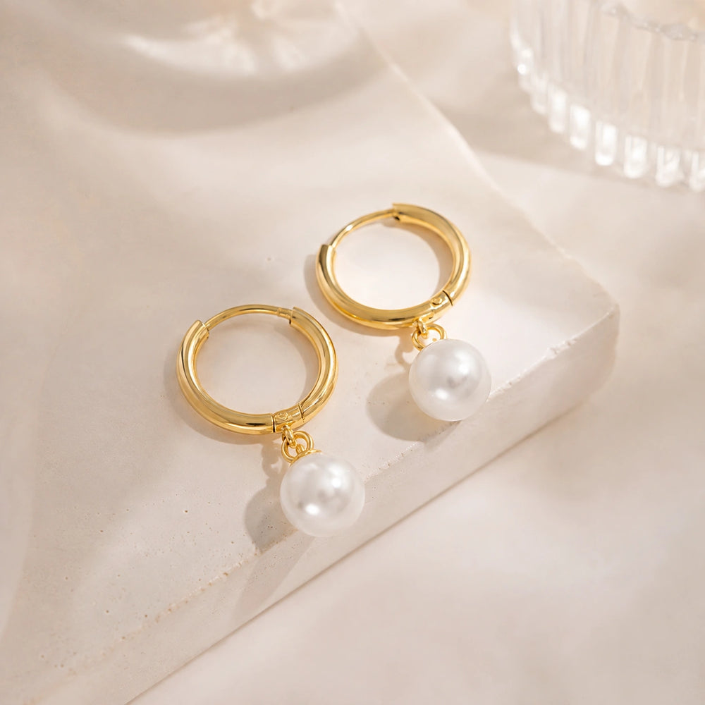Pearl Drop Hoop Earrings - Anti-Tarnish Gold-Plated