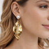 Pearl Drop Textured Leaf Gold Plated Earrings - Anti Tarnish