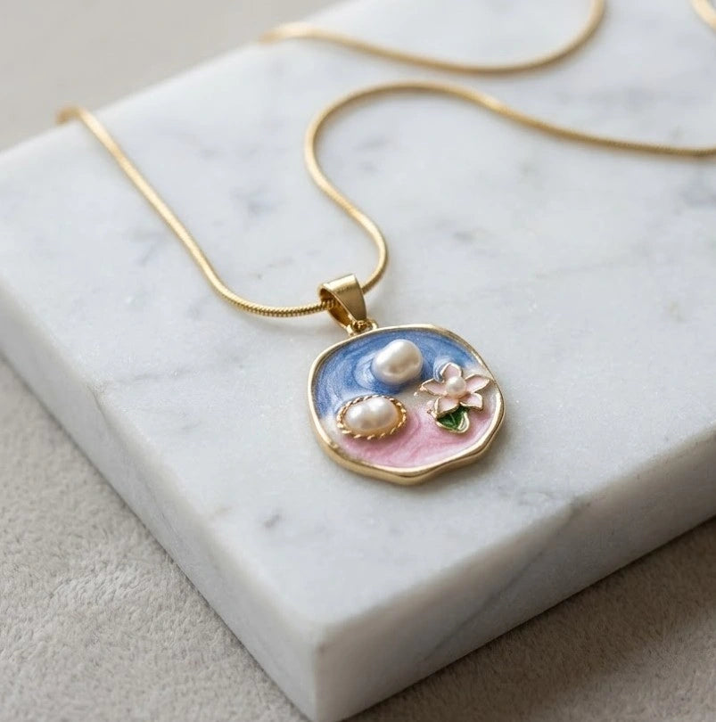 Enamel Floral Pearl Pendant Necklace - Anti Tarnish Gold Plated