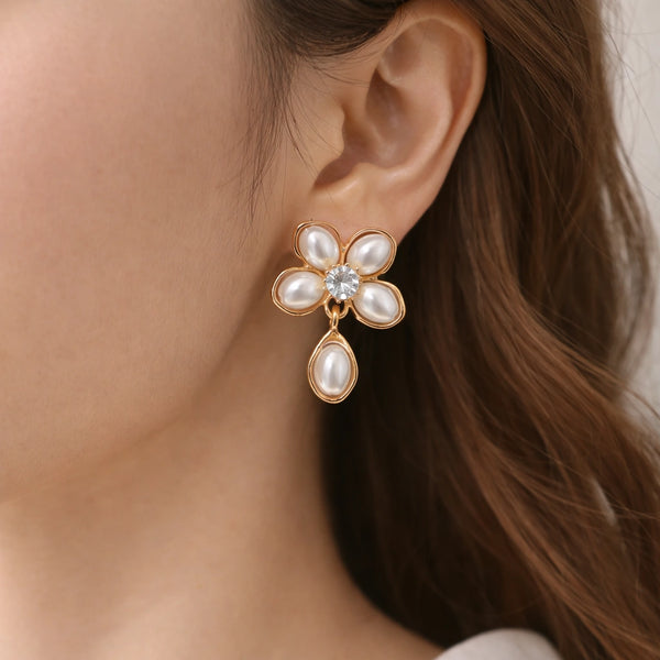 Pearl Flower Drop Earrings | Gold Floral Fashion Jewelry