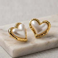 Pearl Heart Stud Earrings with Vintage Textured Border