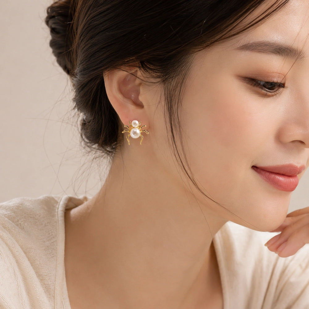 Pearl Spider Stud Earrings -  Quirky Jewelry