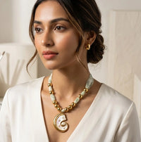 Vintage Swirl Pearl Pendant Ribbon Necklace - Anti-Tarnish Gold Plated