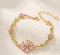 Tulip Pink Blossom Floral Vine Anti Tarnish Gold Plated Bracelet