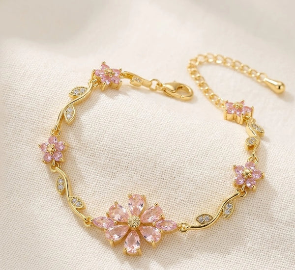 Tulip Pink Blossom Floral Vine Anti Tarnish Gold Plated Bracelet