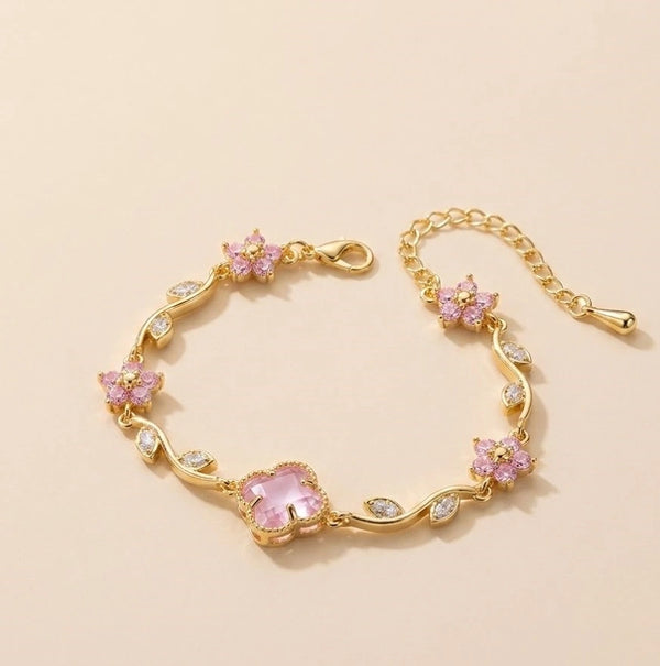 Tulip Pink Blossom Flower Crystal Anti Tarnish Gold Plated Bracelet