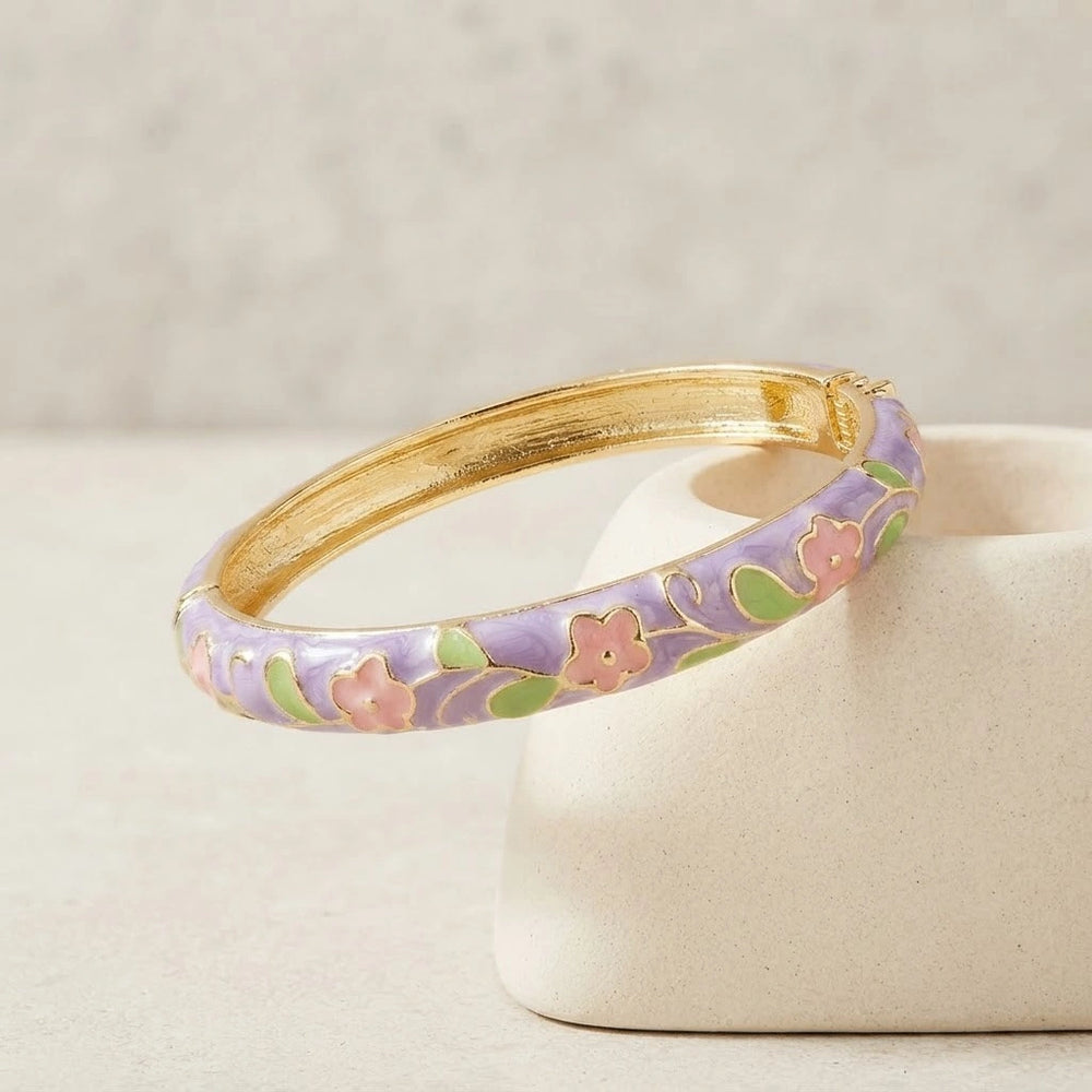 Floral Enamel Gold Plated Bangle - Purple Blossom