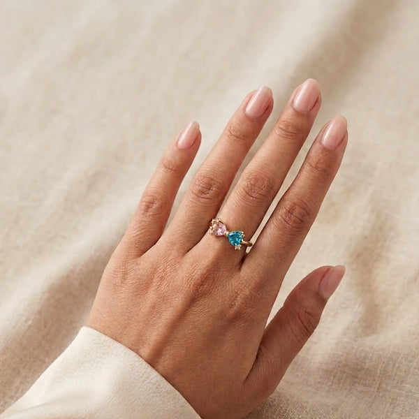 Front view of high quality pink and blue dual heart fashion ring