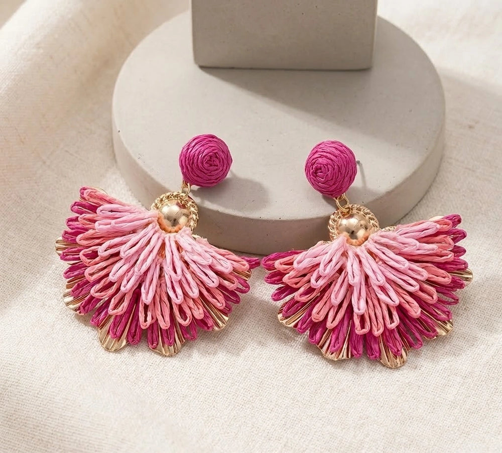 Pink Boho Woven Fan Tassel Statement Earrings