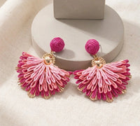 Pink Boho Woven Fan Tassel Statement Earrings