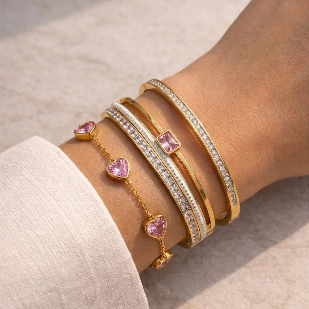Pink Coquette Heart & Crystal Bracelet Stack - 3 Piece Anti-Tarnish Set