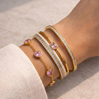 Pink Coquette Heart & Crystal Bracelet Stack - 3 Piece Anti-Tarnish Set
