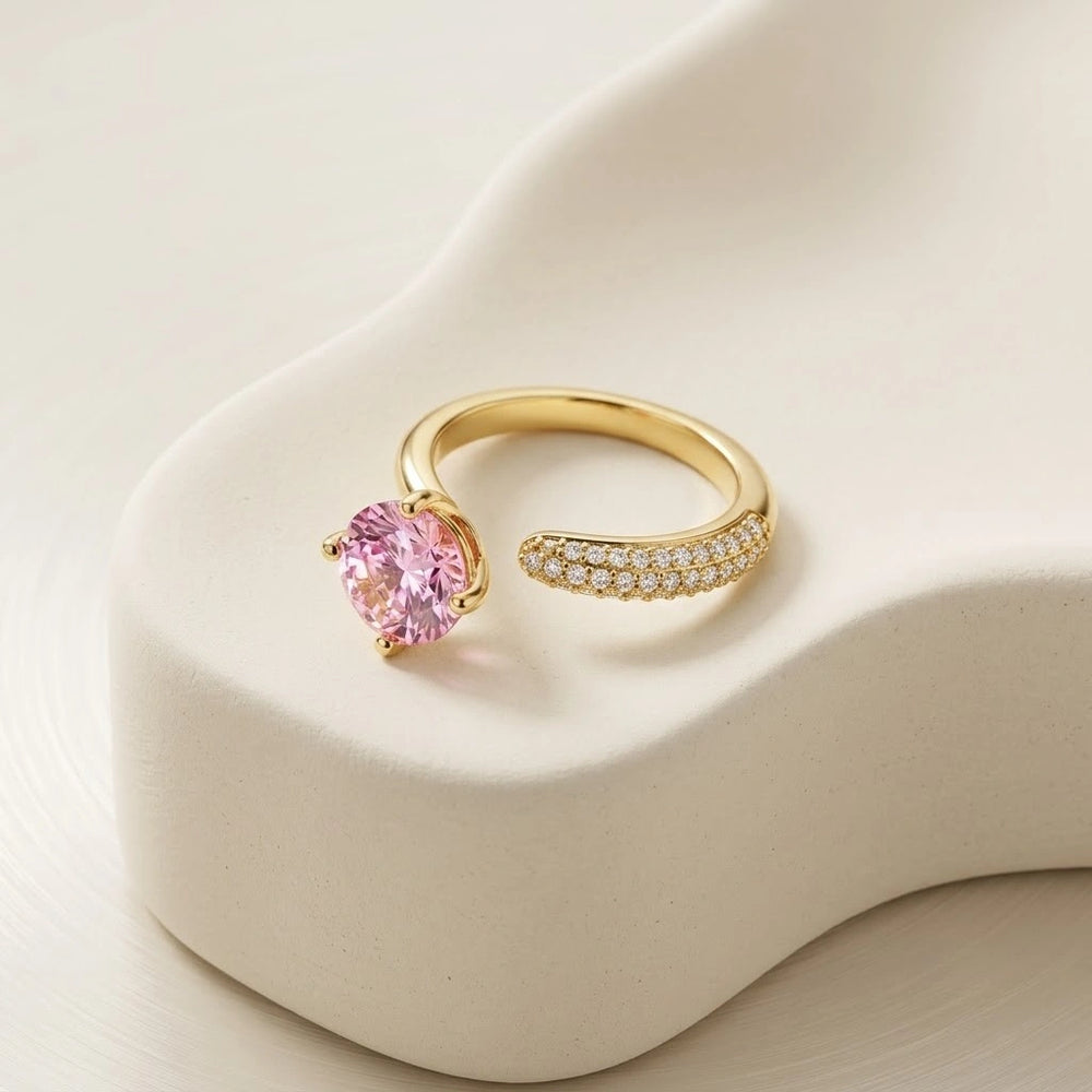 Pink Crystal Adjustable Ring | Anti Tarnish Gold Plated Korean Minimalist
