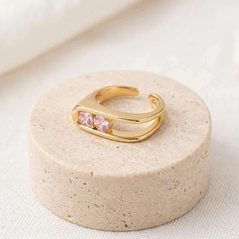 Pink Crystal Adjustable Double Band Ring - Anti Tarnish Gold Plated