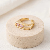 Pink Crystal Adjustable Double Band Ring - Anti Tarnish Gold Plated