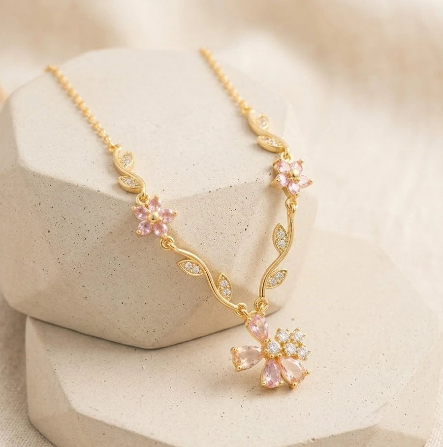 Pink Floral Vine Necklace - Anti Tarnish Gold Plated Jewelry-Tulip