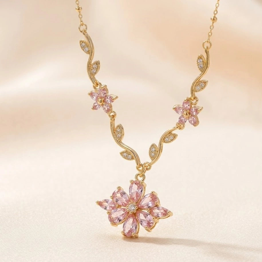 Pink Floral Vine Necklace | Anti-Tarnish Gold Plated Dainty Jewelry