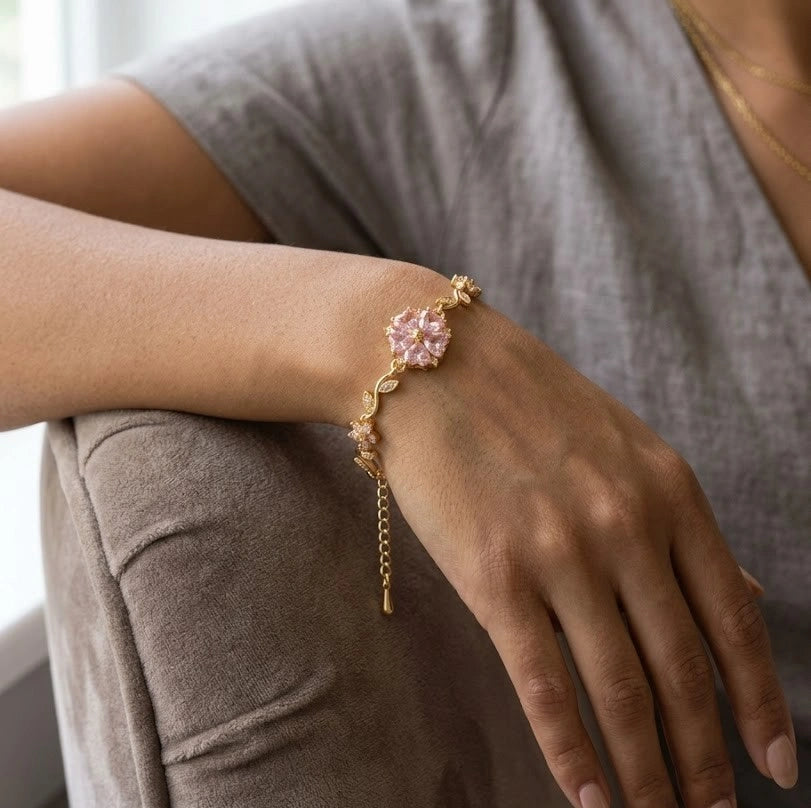 Tulip Pink Crystal Flower Vine Bracelet - Anti Tarnish Gold Plated