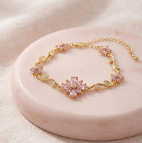 Pink Floral Vine Anti-Tarnish Gold-Plated Bracelet for Women