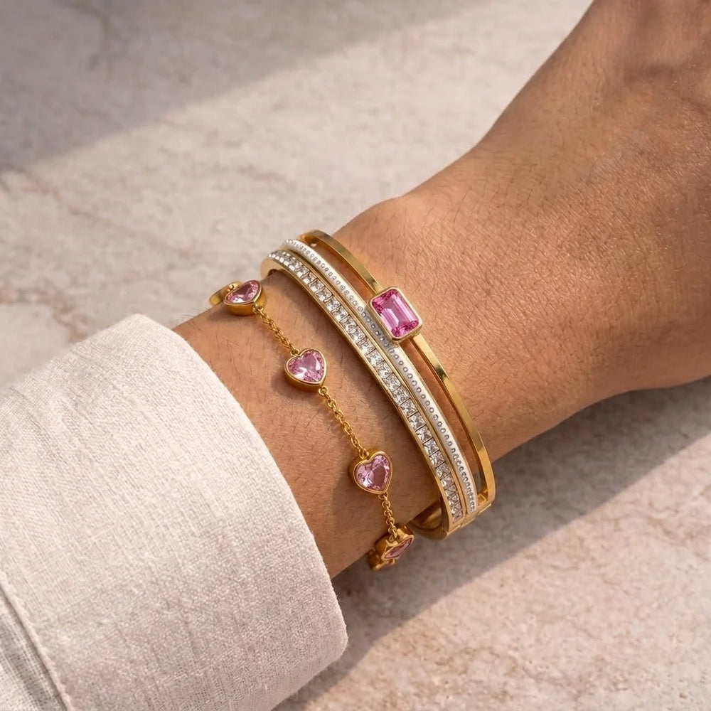 Pink Crystal Heart & Stone Bracelet Combo - Anti-Tarnish Gold Plated
