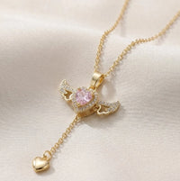 Angel Wings Pink Heart Pendant Necklace - Anti-Tarnish Gold-Plated