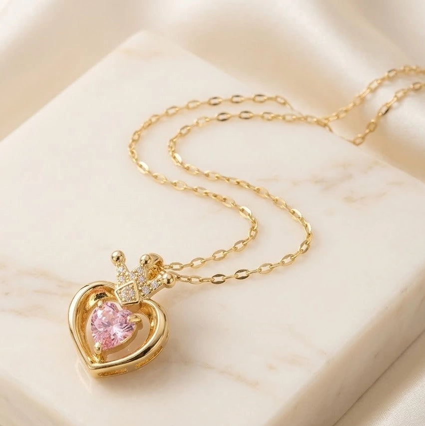 Pink Heart Crown Princess Necklace - Anti-Tarnish Gold Plated