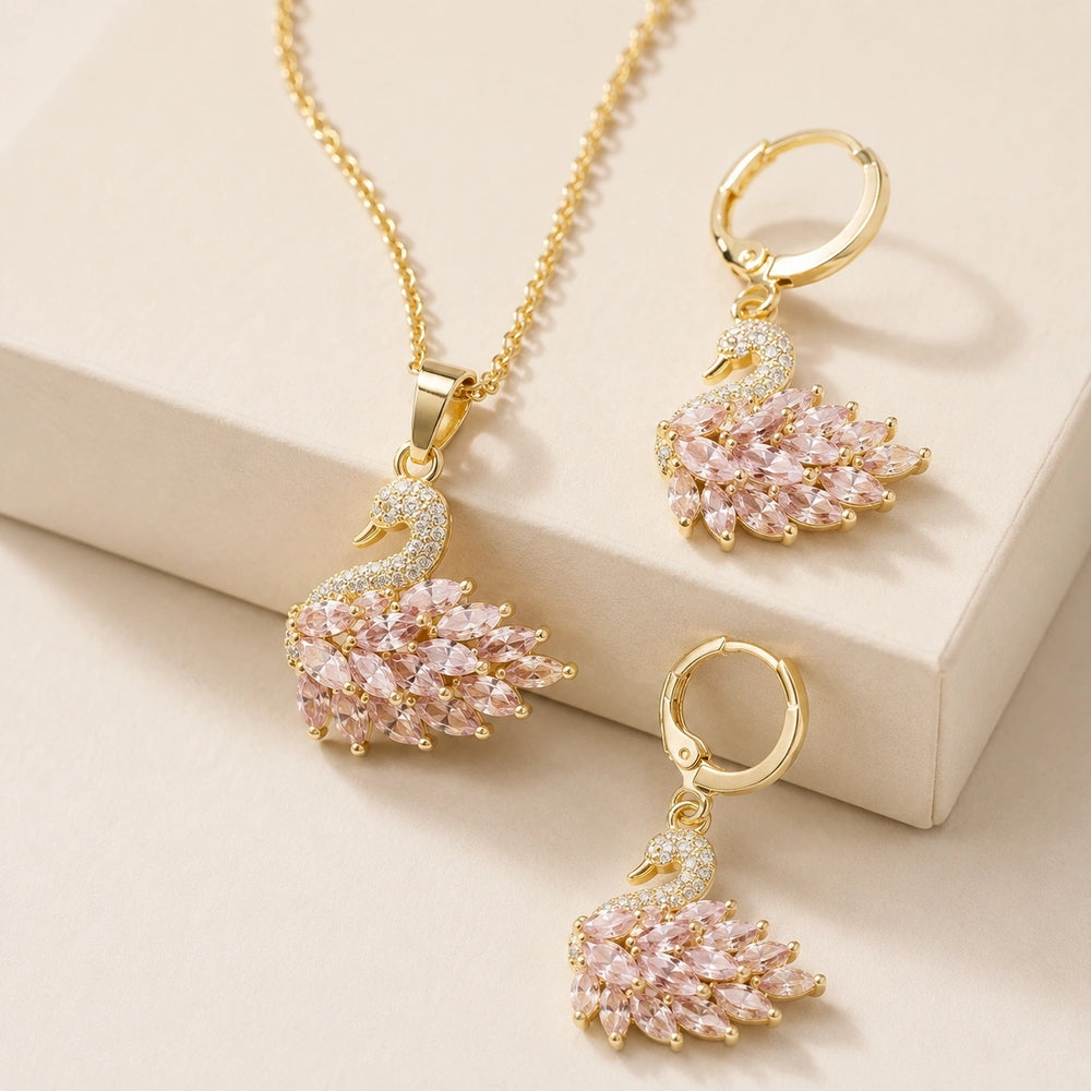 Pink Crystal Swan Necklace & Earring Set - Anti-Tarnish Gold Plated Combo