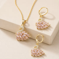 Pink Crystal Swan Necklace & Earring Set - Anti-Tarnish Gold Plated Combo