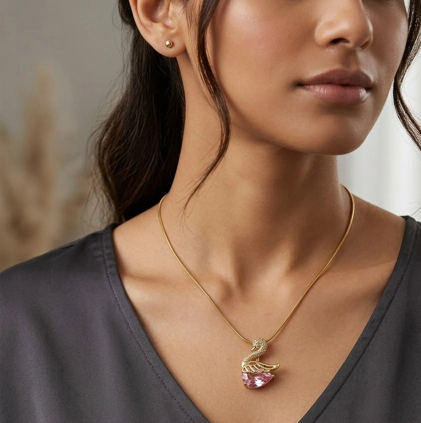 Pink Crystal Swan Pendant Necklace | Anti-Tarnish Gold Plated