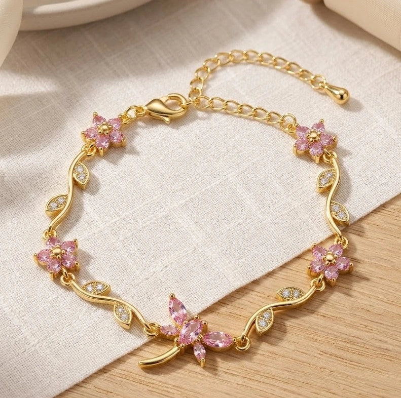 Tulip Pink Flower and Dragonfly Anti Tarnish Gold Plated Bracelet for Women