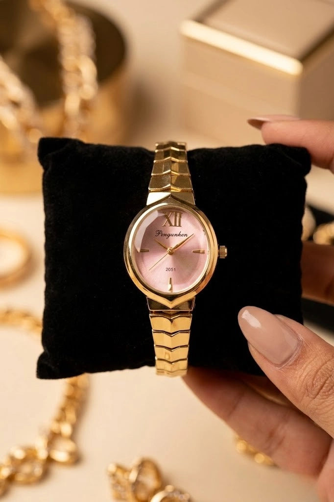 Elegant Pink Dial Anti-Tarnish Gold Plated Watch for Women