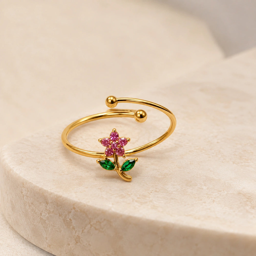 Pink Floral Adjustable Ring | Anti-Tarnish Gold Plated
