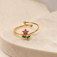 Pink Floral Adjustable Ring | Anti-Tarnish Gold Plated