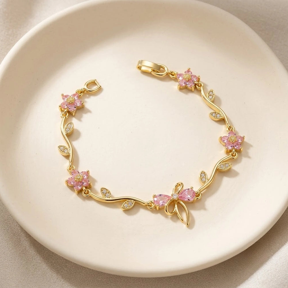 Pink Floral Bow Bracelet - Anti Tarnish Gold Plated