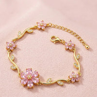 Pink Floral Cherry Blossom Anti-Tarnish Gold Plated Bracelet