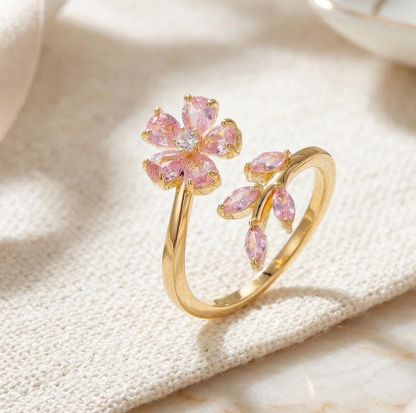 Pink Floral Leaf Adjustable Ring - High Quality Gold Fashion Jewelry