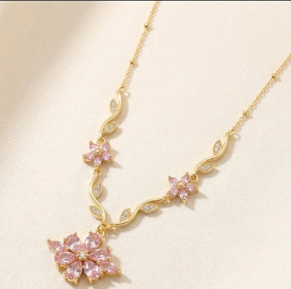 Pink Floral Vine Necklace | Anti-Tarnish Gold Plated Dainty Jewelry