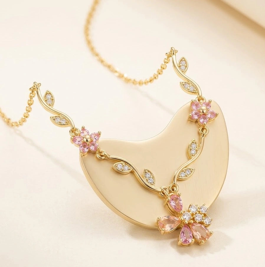 Pink Floral Vine Necklace - Anti Tarnish Gold Plated Jewelry-Tulip